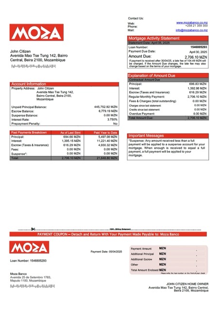 Download Mozambique Moza Banco mortgage statement Word and PDF template Photoshop template